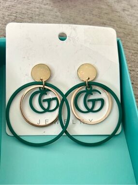 Green Double Hoop Post GG Drop Earrings - 18K Gold Tone